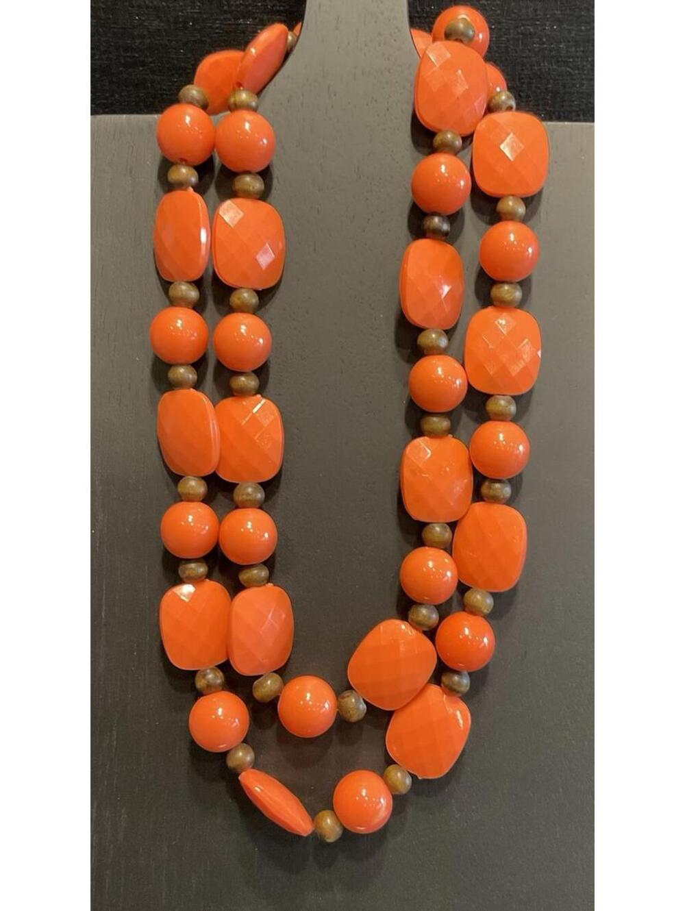 Orange And Wooden Bead Long Necklace Wear Single Or Layered # 213